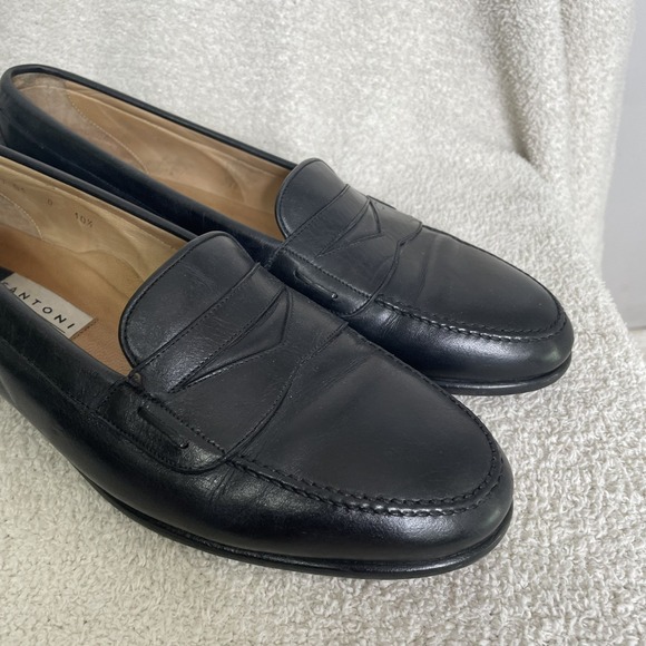$750 Santoni Solid‎ Black Penny Loafers Leather Shoes Men\'s Size 10.5 FLAWED main image 12